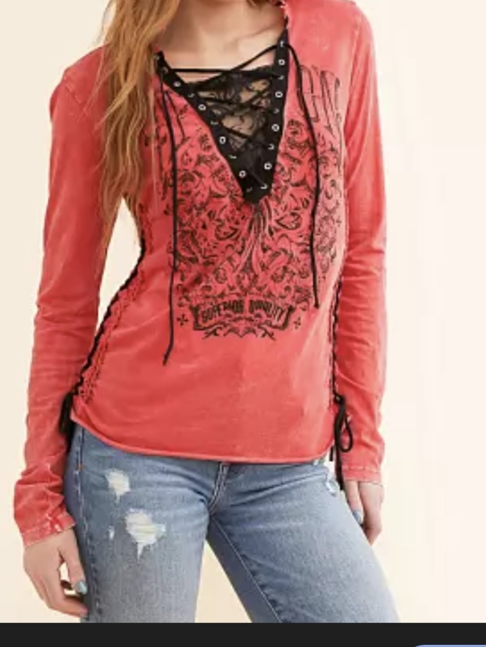 affliction Solution Long sleeve lace-Up Top shirt red grunge size 2xl